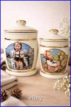 Goebel Hummel Canister Set W Germany Vintage Ceramic Jars Boy Girl Gold Trim with