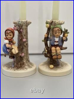 Goebel Hummel Figurine Candle Holders Germany #677 And #676 Apple Tree Boy Girl