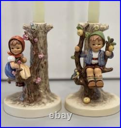 Goebel Hummel Figurine Candle Holders Germany #677 And #676 Apple Tree Boy Girl