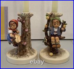Goebel Hummel Figurine Candle Holders Germany #677 And #676 Apple Tree Boy Girl