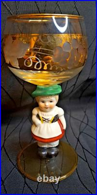 Goebel Hummel Figurine Wine Glasses Lot Of 6 Goblets Germany 14K Gold Trim