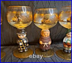 Goebel Hummel Figurine Wine Glasses Lot Of 6 Goblets Germany 14K Gold Trim