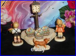 HUMMEL FIGURES SUNFLOWER GIRL 2195 4/0 & BOY 2219 withCLOCK TOWER HUMMELSCAPE /DOG
