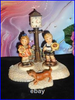 HUMMEL FIGURES SUNFLOWER GIRL 2195 4/0 & BOY 2219 withCLOCK TOWER HUMMELSCAPE /DOG