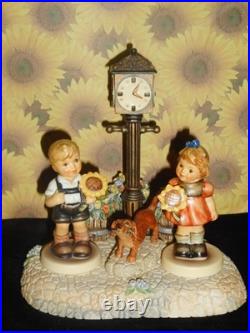 HUMMEL FIGURES SUNFLOWER GIRL 2195 4/0 & BOY 2219 withCLOCK TOWER HUMMELSCAPE /DOG