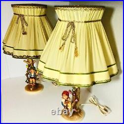 Pair Hummel Goebel Apple Tree Boy & Girl Table Lamps Original Shades/Excellent