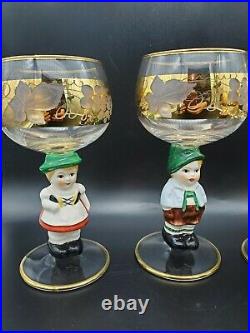 Vintage Goebel 6pc Figurine Wine Glasses West Germany Gold Gilt Signed Hummel